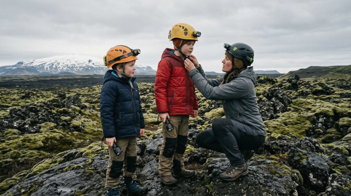 Children in helmets holding torches at the entrance dome before a Vatnshellir lava cave tour with kids in Iceland