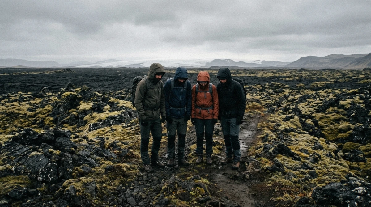 Small group in waterproof jackets waiting in the wind on the lava field before a Vatnshellir lava cave tour in Iceland