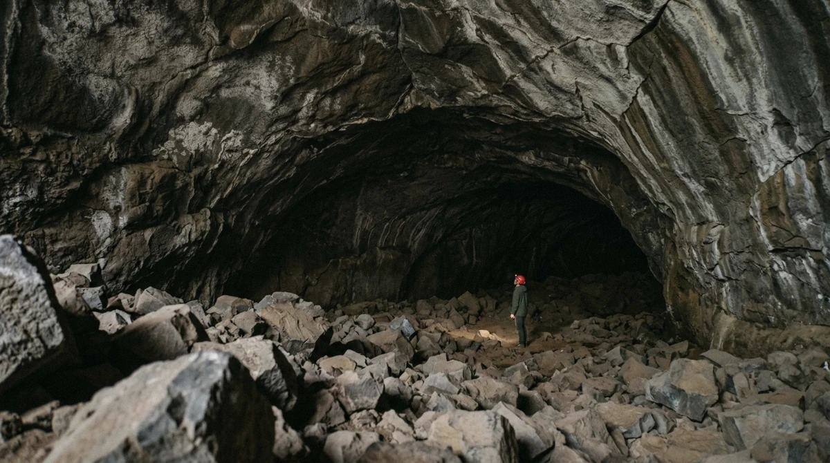 Wide basalt lava tube passage with a person small in frame, showing the scale difference between Iceland's lava caves