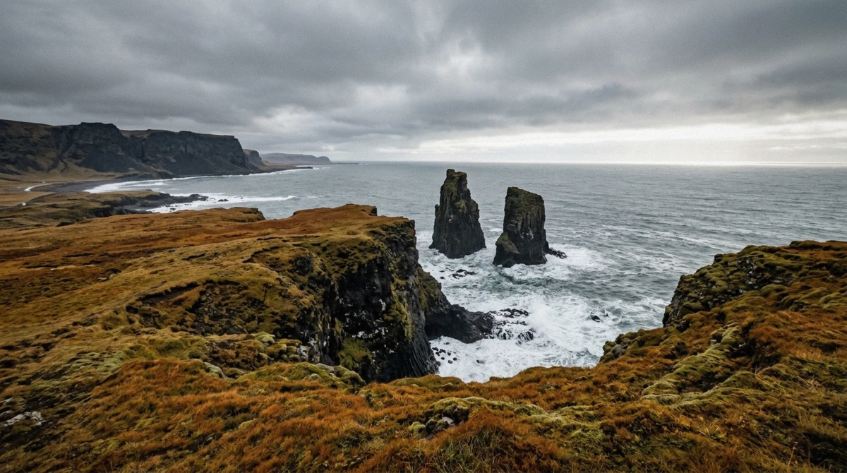 Lóndrangar basalt pillars rising from the coast five minutes from Vatnshellir cave in Snæfellsjökull National Park in Iceland