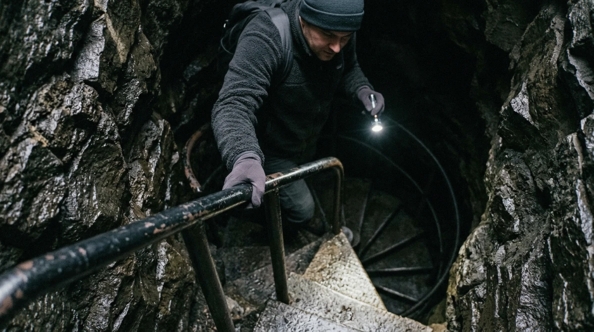 Visitor in a warm jacket and gloves holding a torch on the steel staircase inside Vatnshellir lava cave in Iceland
